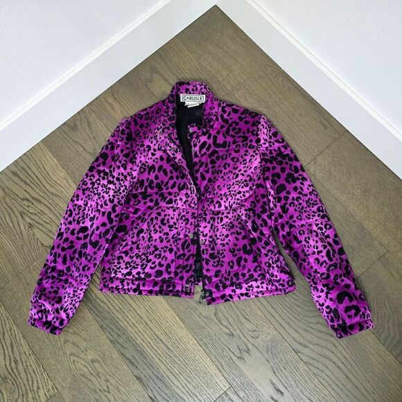 Carlisle Collection Silk Stand Collar Jacket in Fushica Pink Leopard Print - Picture 1 of 12